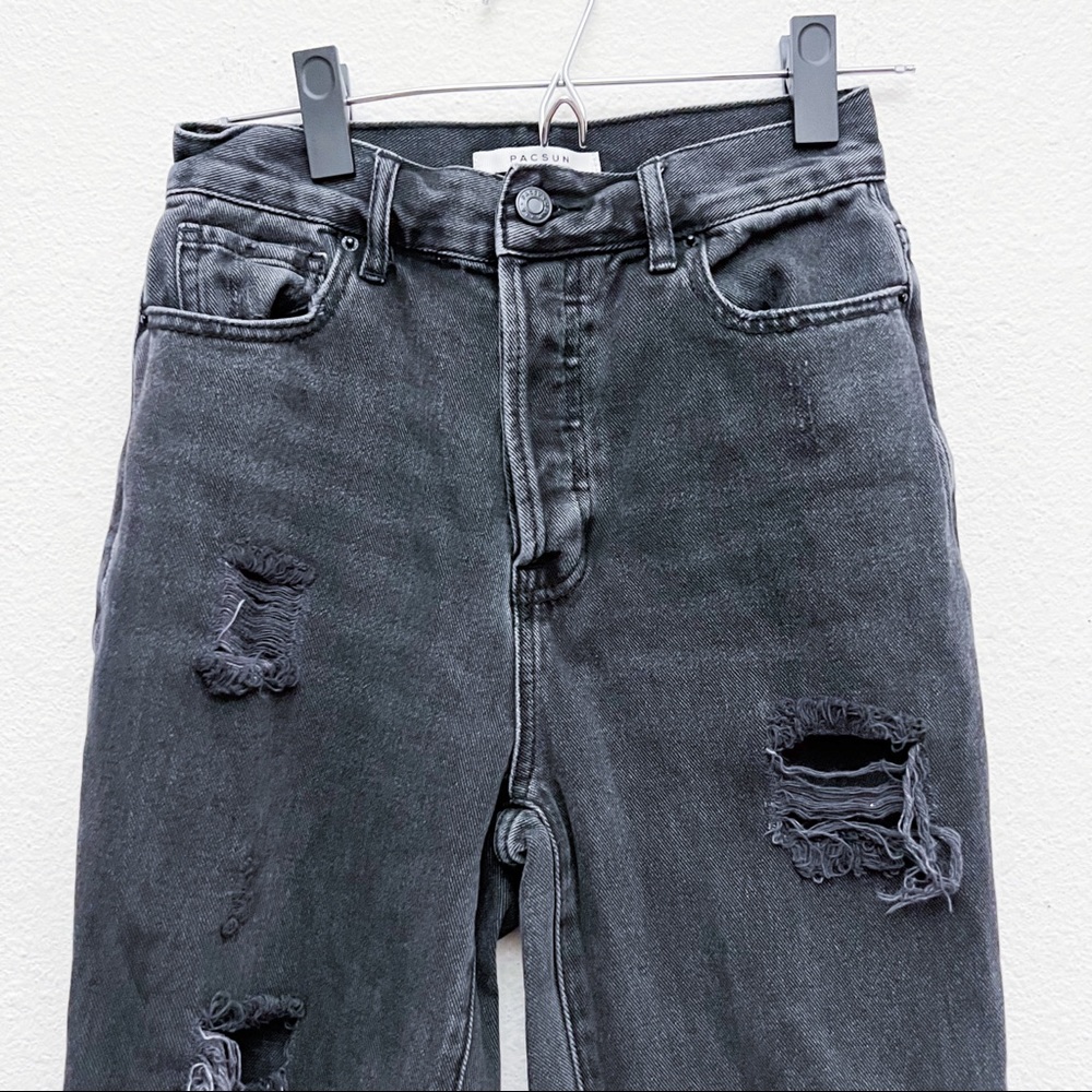Pacsun High Rise Straight Leg Button Fly Distressed Black Raw Hem Jeans Size 25 - Picture 6 of 11